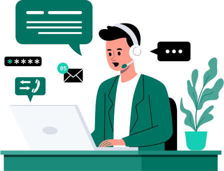 Customer service representative wearing headset, working on a computer, with communication icons.