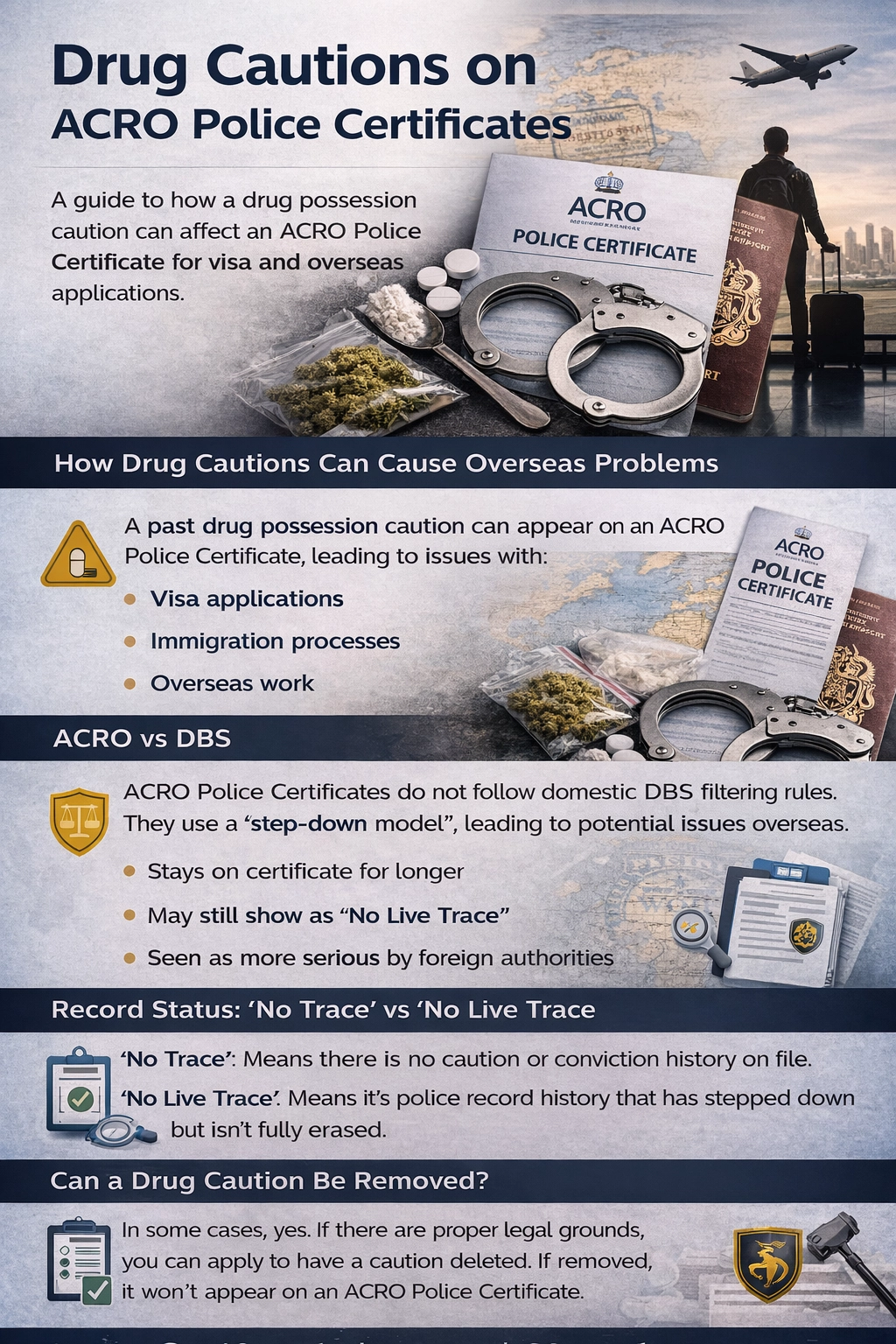 Infographic explaining how a drug possession caution can appear on an ACRO Police Certificate for visas and overseas applications