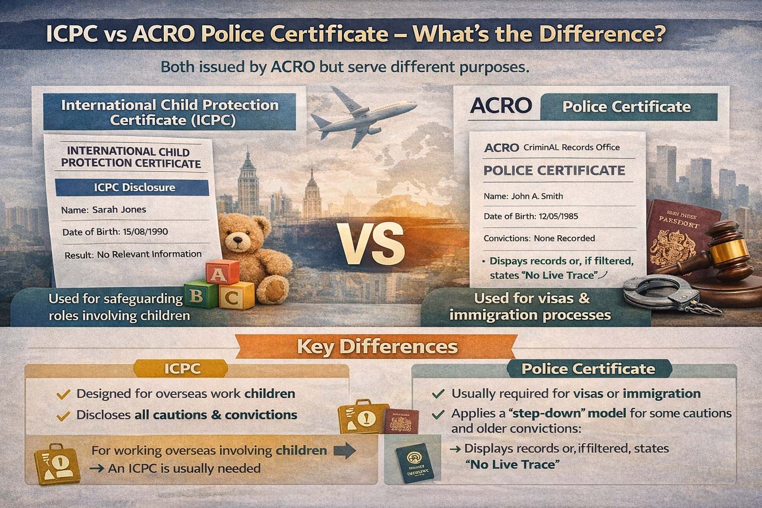  Infographic explaining the difference between an International Child Protection Certificate (ICPC) and an ACRO Police Certificate, including disclosure of cautions, convictions and the step-down model.