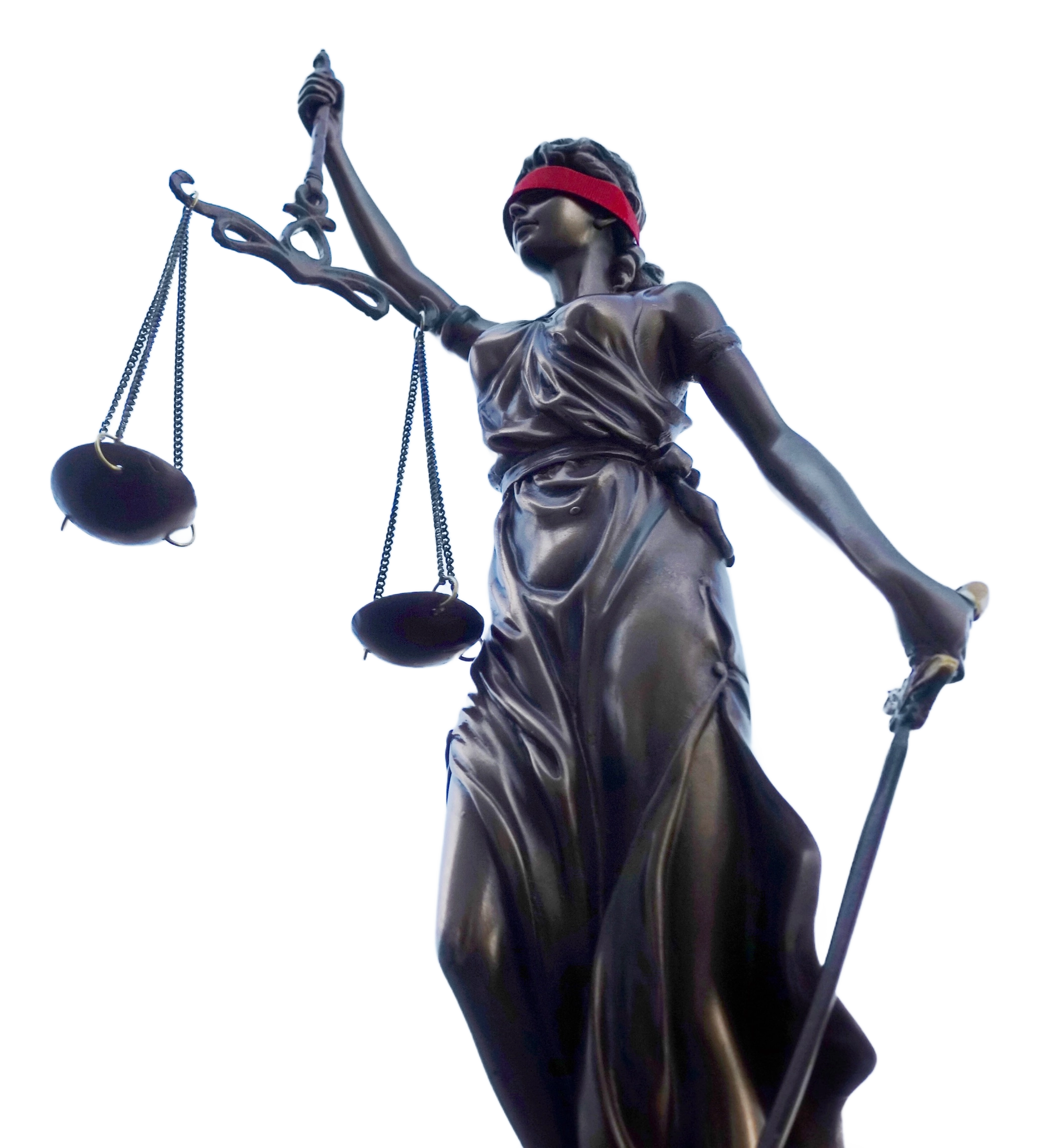 Lady Justice statue with blindfold holding scales of justice and sword symbolising law and fairness