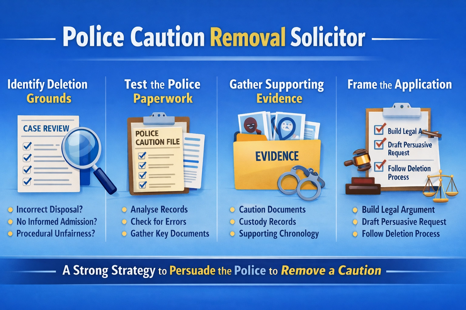 Infographic showing the key stages of legal work in a police caution removal case