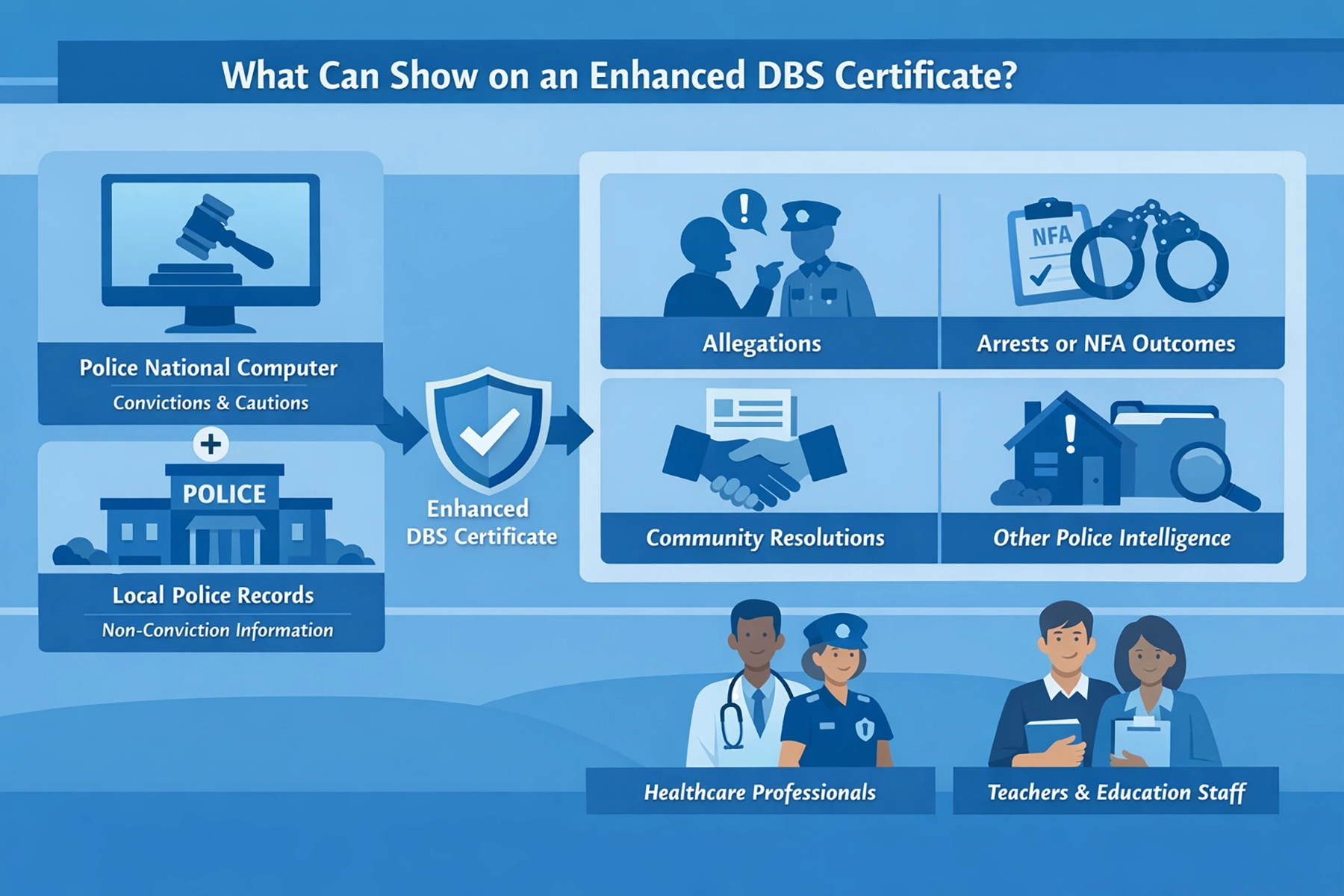 Infographic showing how convictions and cautions from the Police National Computer and allegations, arrests with no charge, NFA outcomes, community resolutions and police intelligence from local police records can all appear on an Enhanced DBS certificate