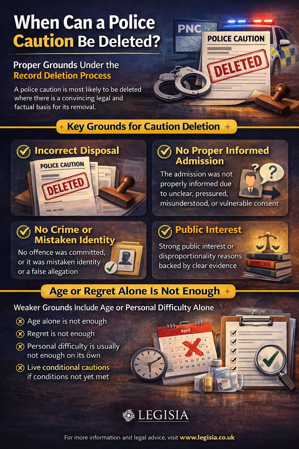 Infographic comparing stronger and weaker cases for deleting a police caution under the Record Deletion Process