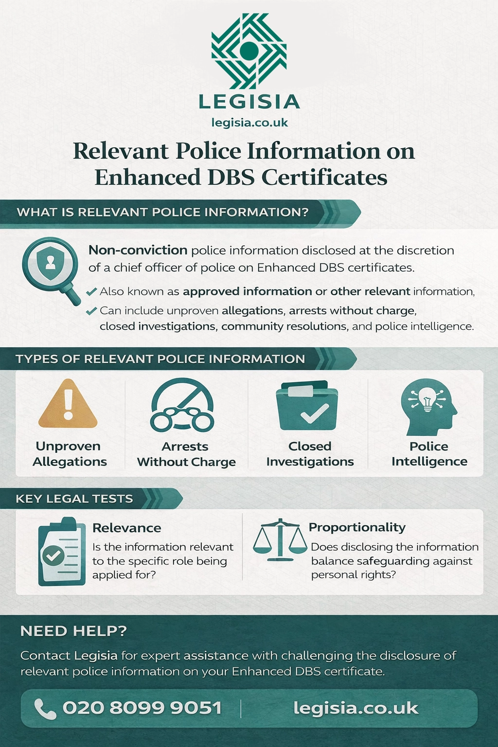 Infographic showing the legal tests a chief officer must apply before disclosing relevant police information on an Enhanced DBS certificate — relevance to the role and proportionality weighed against Article 8 rights
