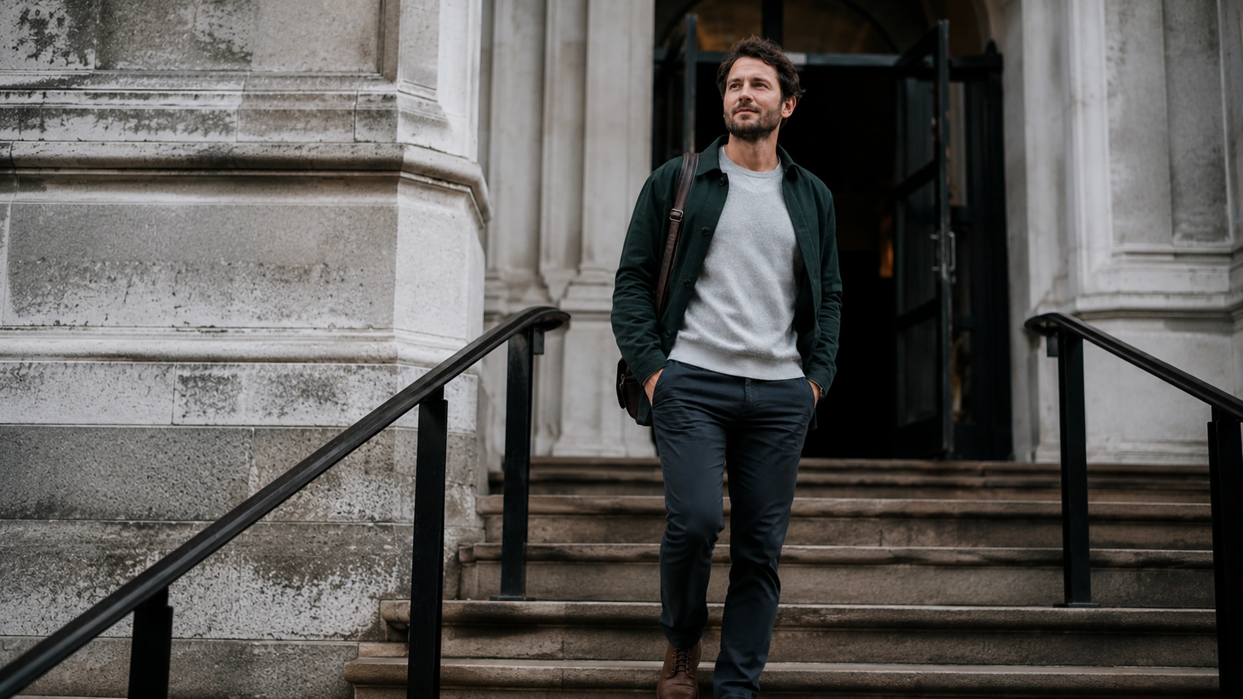Man leaving a UK Crown Court building after a successful criminal defence case, representing relief and a fresh start.