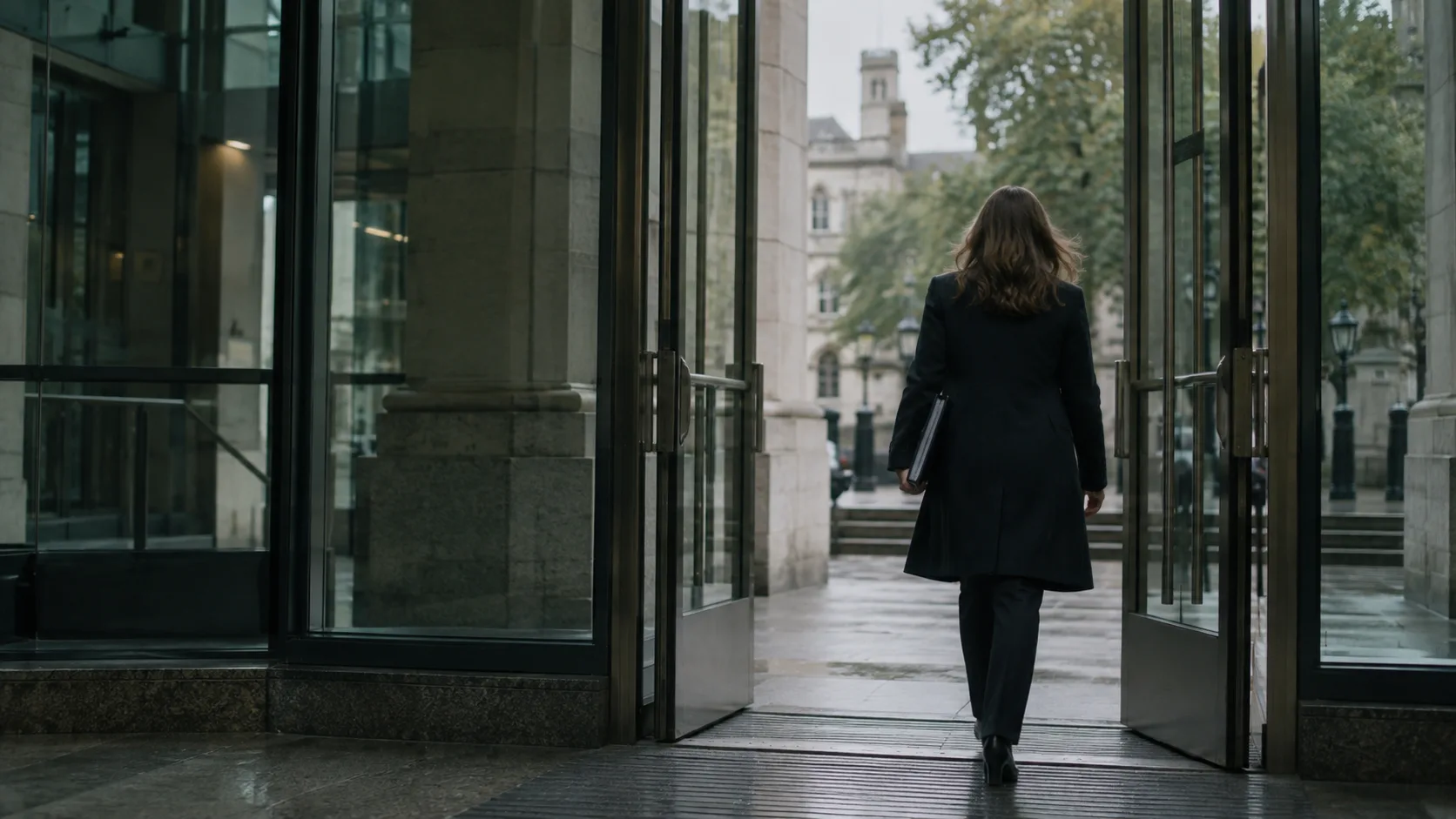 Person leaving a UK Crown Court building, representing police record deletion after an acquittal or discontinued prosecution