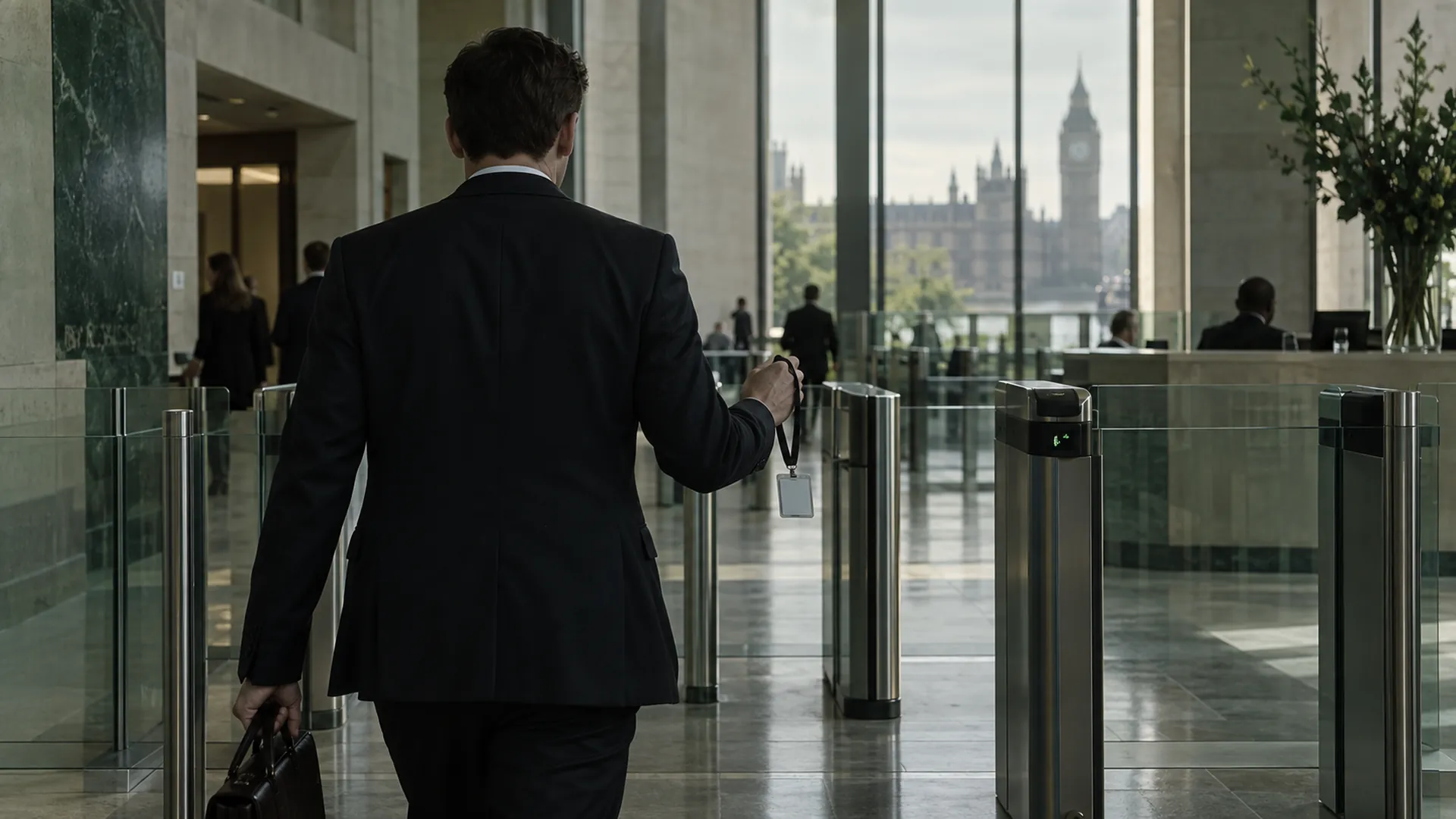 Person with a security pass approaching a pass gate in a UK government building, representing SC clearance appeals