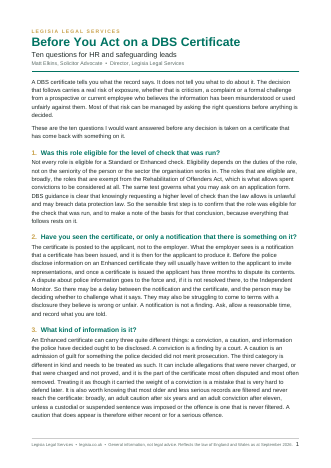 Cover of the checklist Before You Act on a DBS Certificate